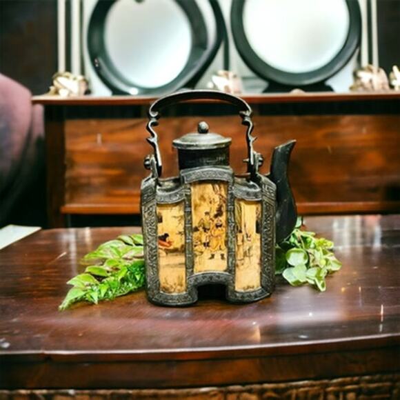 Antique Chinese Shantou Teapot & Tea Caddy-Lithograph Glass Panels-Metal-Asian - Picture 2 of 14